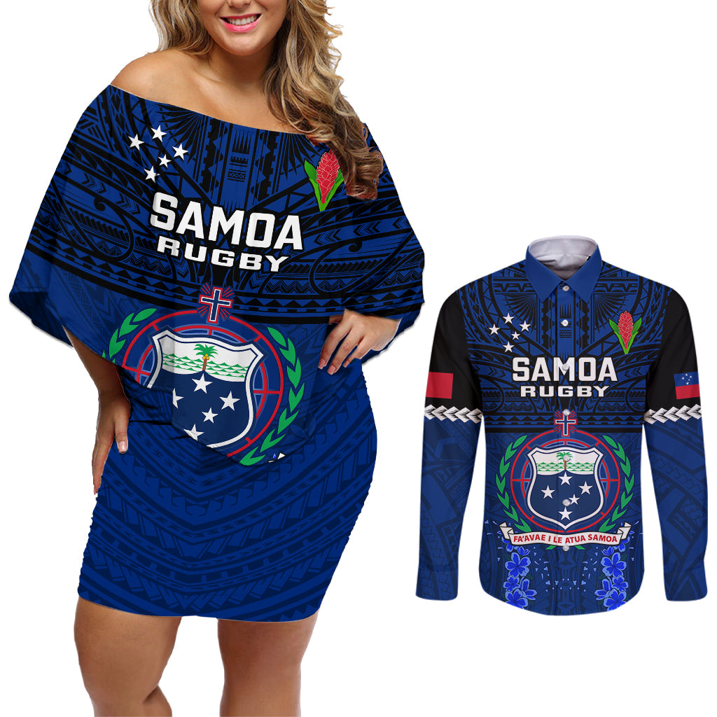 Custom Samoa Rugby Couples Matching Off Shoulder Short Dress and Long Sleeve Button Shirts World Cup 2023 Go Champions Manu Samoa - Wonder Print Shop