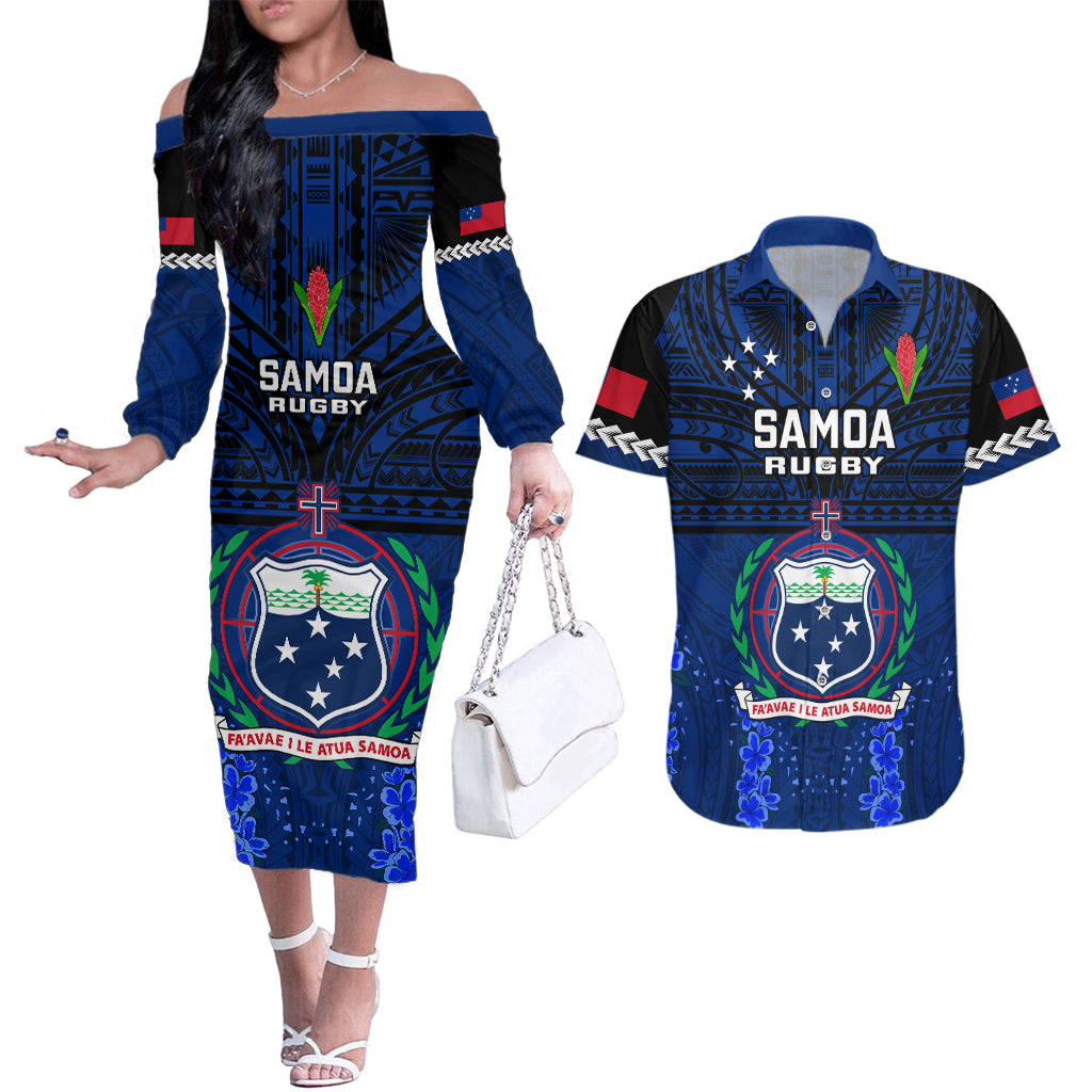 Custom Samoa Rugby Couples Matching Off The Shoulder Long Sleeve Dress and Hawaiian Shirt World Cup 2023 Go Champions Manu Samoa - Wonder Print Shop