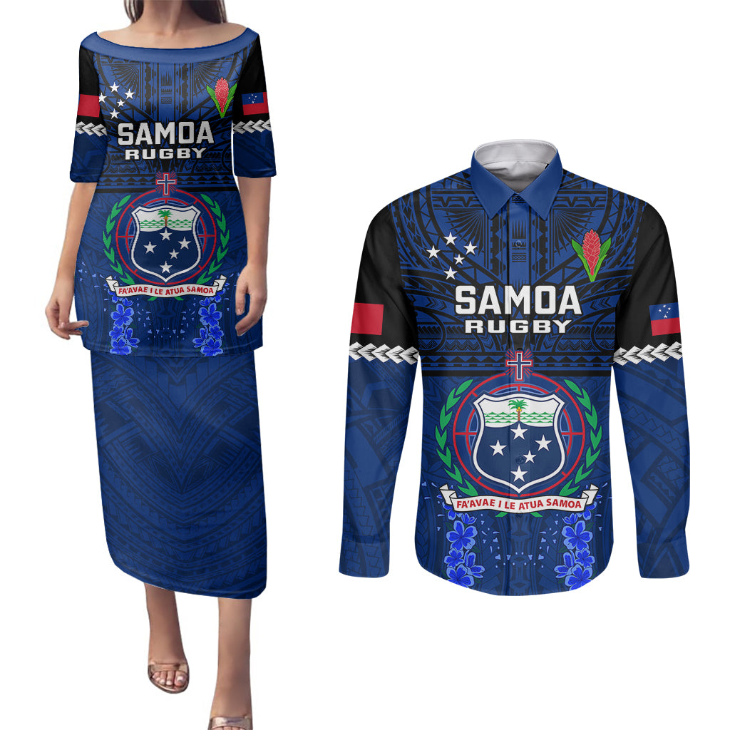 Custom Samoa Rugby Couples Matching Puletasi Dress and Long Sleeve Button Shirts World Cup 2023 Go Champions Manu Samoa - Wonder Print Shop