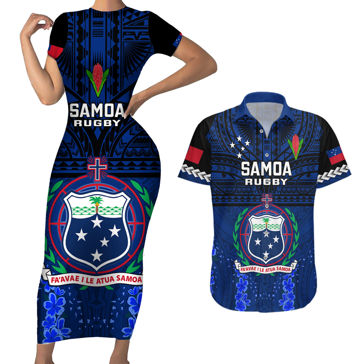 Custom Samoa Rugby Couples Matching Short Sleeve Bodycon Dress and Hawaiian Shirt World Cup 2023 Go Champions Manu Samoa - Wonder Print Shop