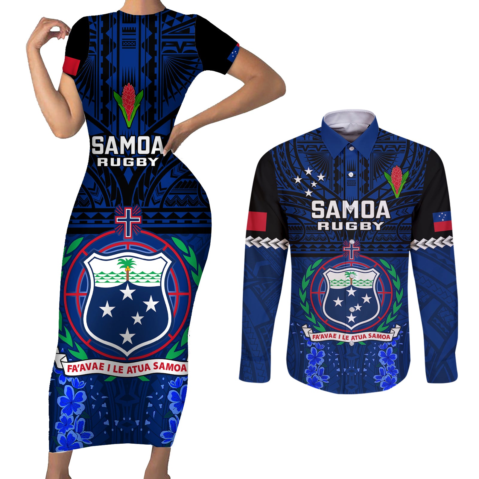 Custom Samoa Rugby Couples Matching Short Sleeve Bodycon Dress and Long Sleeve Button Shirts World Cup 2023 Go Champions Manu Samoa - Wonder Print Shop