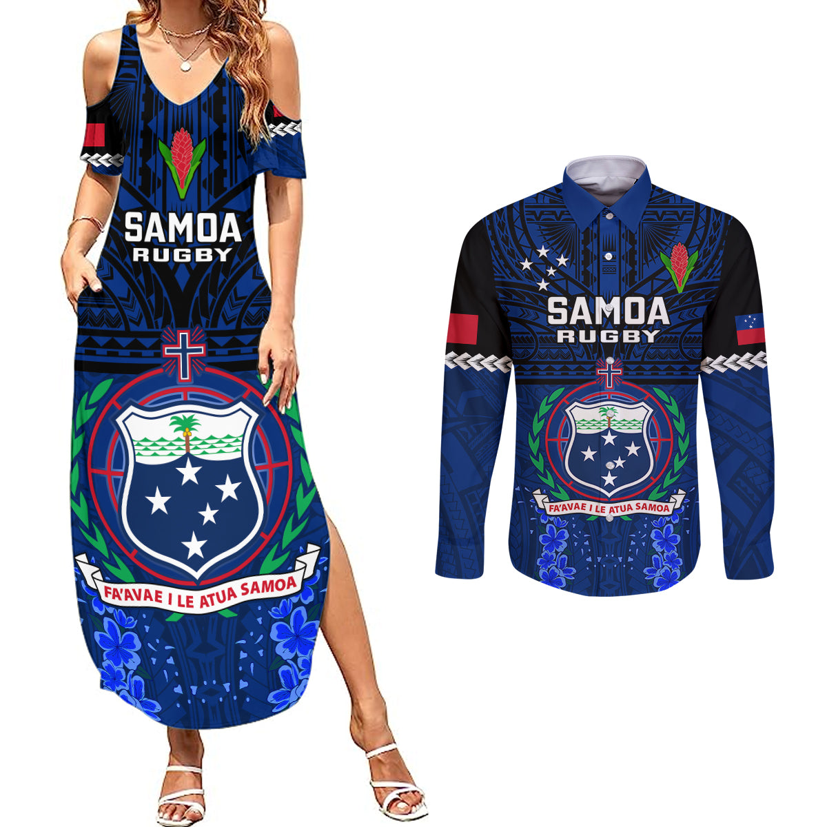 Custom Samoa Rugby Couples Matching Summer Maxi Dress and Long Sleeve Button Shirts World Cup 2023 Go Champions Manu Samoa - Wonder Print Shop