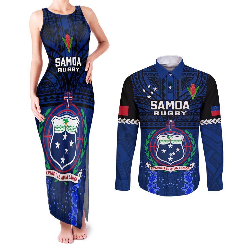 Custom Samoa Rugby Couples Matching Tank Maxi Dress and Long Sleeve Button Shirts World Cup 2023 Go Champions Manu Samoa - Wonder Print Shop