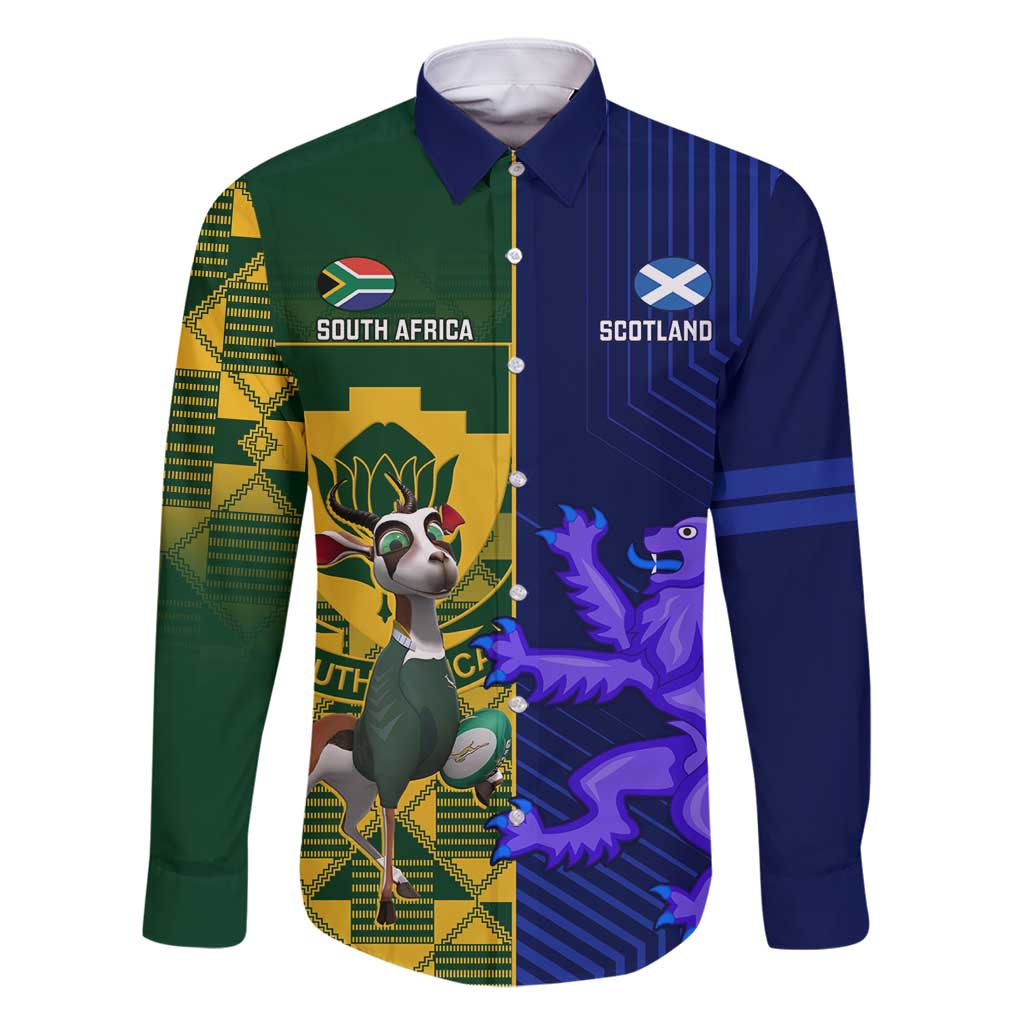 Custom South Africa And Scotland Rugby Family Matching Long Sleeve Bodycon Dress and Hawaiian Shirt Springboks Thistle Together - Wonder Print Shop