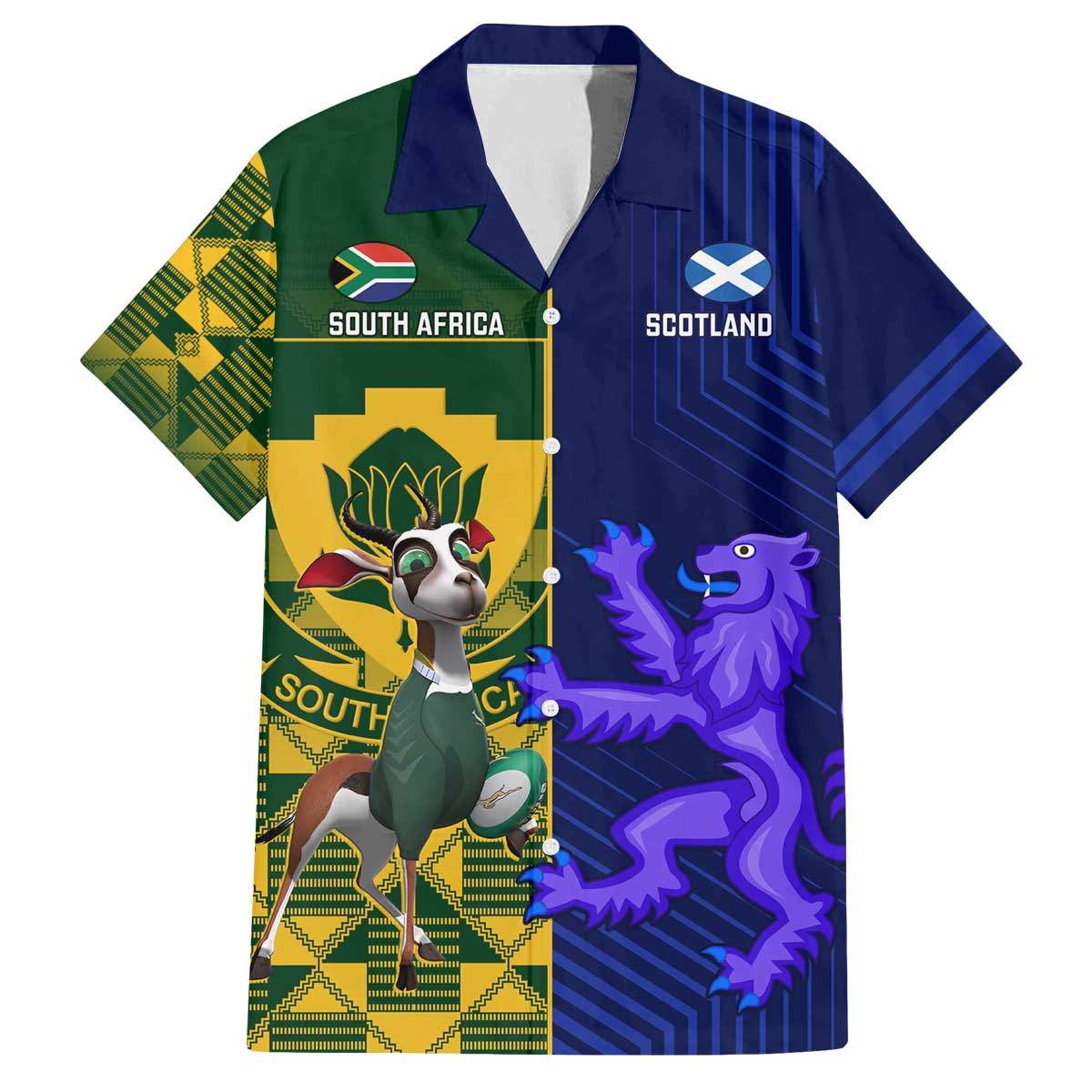 Custom South Africa And Scotland Rugby Family Matching Off The Shoulder Long Sleeve Dress and Hawaiian Shirt Springboks Thistle Together - Wonder Print Shop
