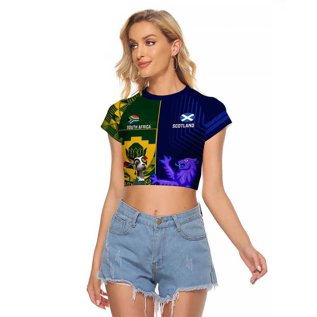Custom South Africa And Scotland Rugby Raglan Cropped T Shirt Springboks Thistle Together - Wonder Print Shop