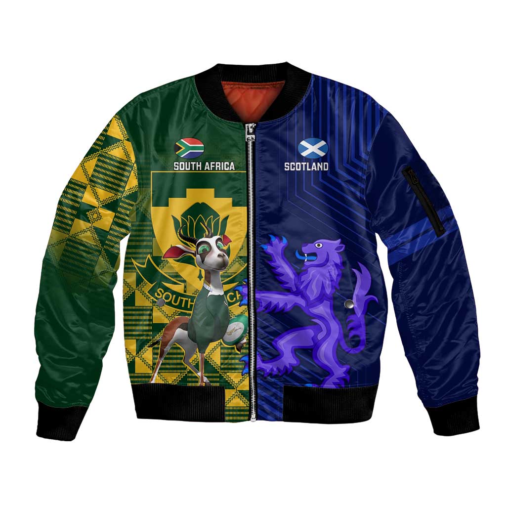 Custom South Africa And Scotland Rugby Sleeve Zip Bomber Jacket Springboks Thistle Together - Wonder Print Shop
