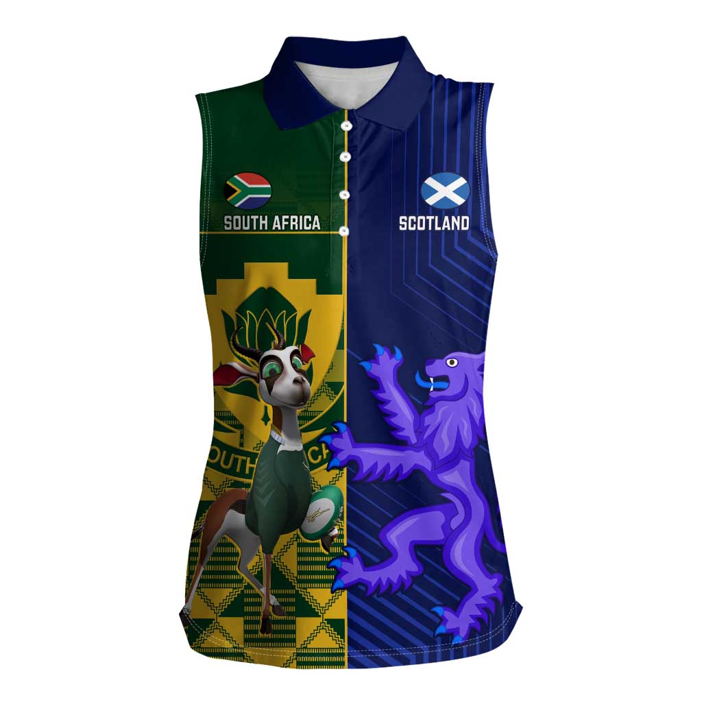 Custom South Africa And Scotland Rugby Women Sleeveless Polo Shirt Springboks Thistle Together - Wonder Print Shop