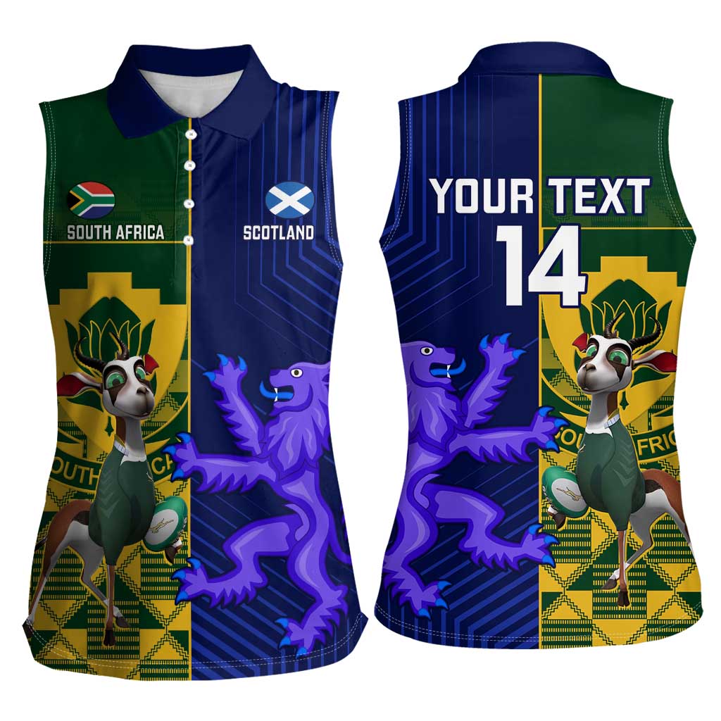 Custom South Africa And Scotland Rugby Women Sleeveless Polo Shirt Springboks Thistle Together - Wonder Print Shop