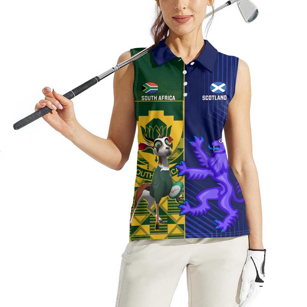 Custom South Africa And Scotland Rugby Women Sleeveless Polo Shirt Springboks Thistle Together - Wonder Print Shop