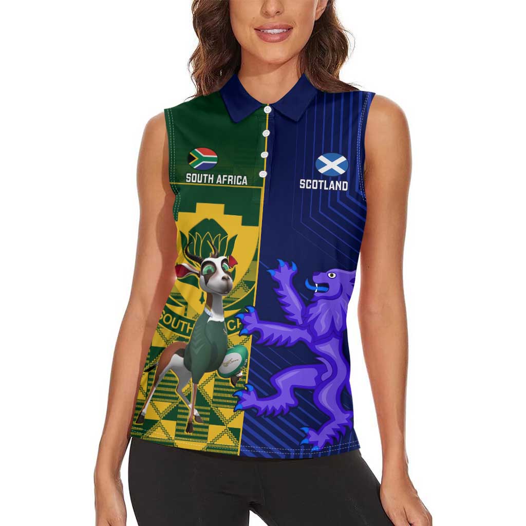 Custom South Africa And Scotland Rugby Women Sleeveless Polo Shirt Springboks Thistle Together - Wonder Print Shop