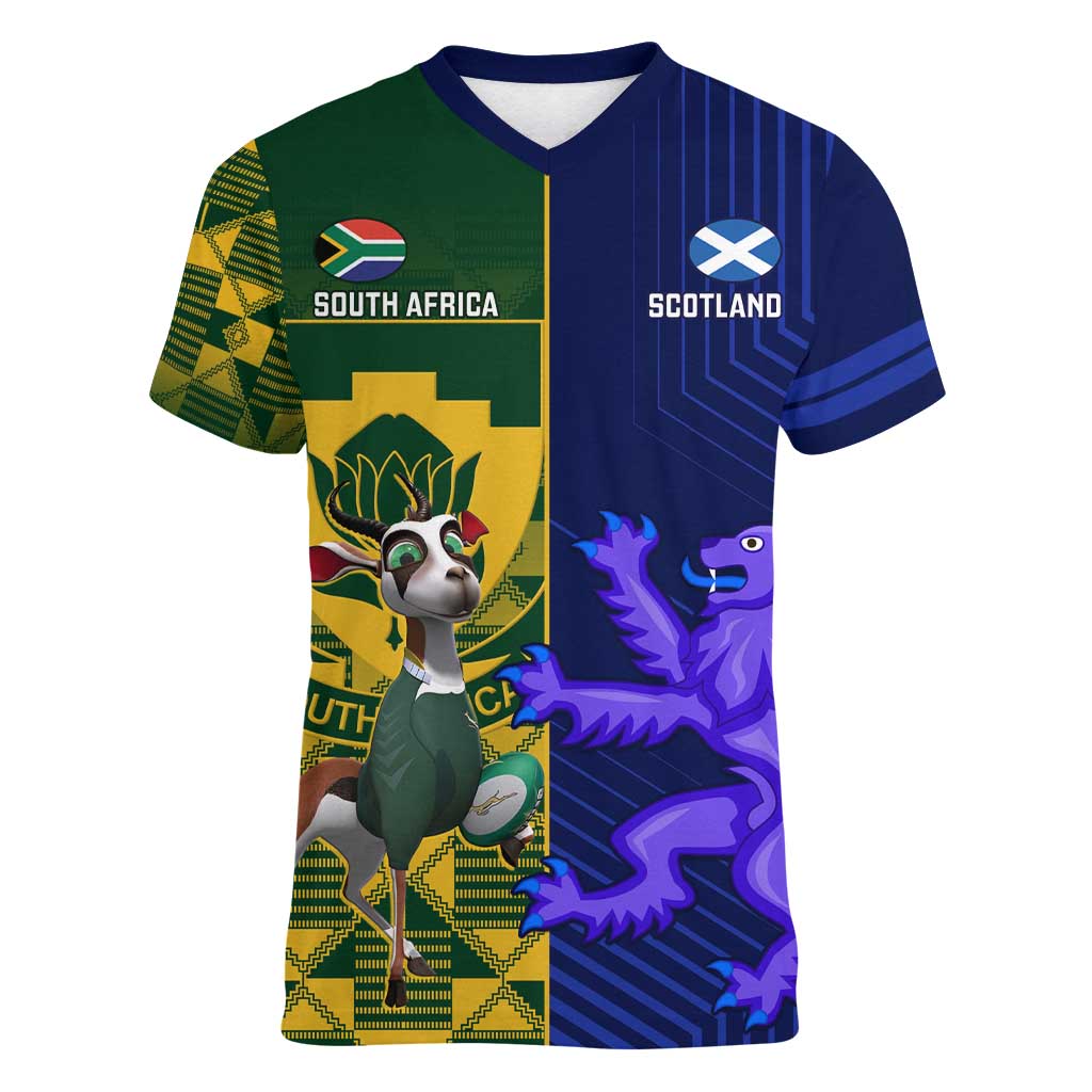 Custom South Africa And Scotland Rugby Women V-Neck T-Shirt Springboks Thistle Together - Wonder Print Shop