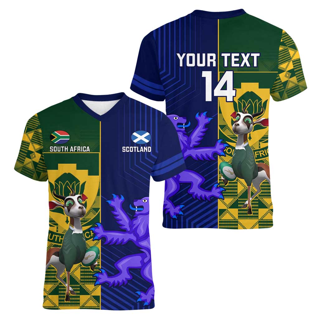Custom South Africa And Scotland Rugby Women V-Neck T-Shirt Springboks Thistle Together - Wonder Print Shop