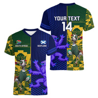 Custom South Africa And Scotland Rugby Women V-Neck T-Shirt Springboks Thistle Together - Wonder Print Shop