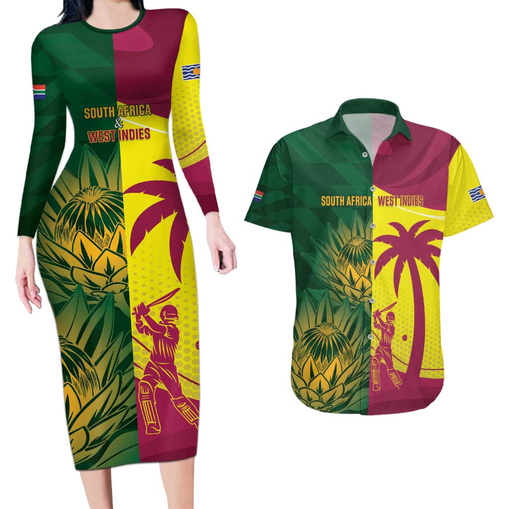 South Africa West Indies Cricket Custom Couples Matching Long Sleeve Bodycon Dress and Hawaiian Shirt Proteas Windies Together - Wonder Print Shop