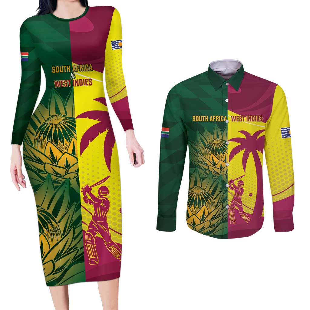 South Africa West Indies Cricket Custom Couples Matching Long Sleeve Bodycon Dress and Long Sleeve Button Shirt Proteas Windies Together - Wonder Print Shop