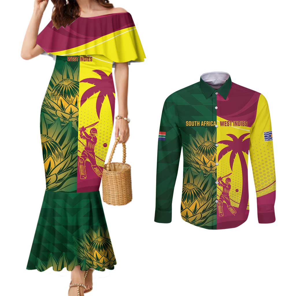 South Africa West Indies Cricket Custom Couples Matching Mermaid Dress and Long Sleeve Button Shirt Proteas Windies Together - Wonder Print Shop