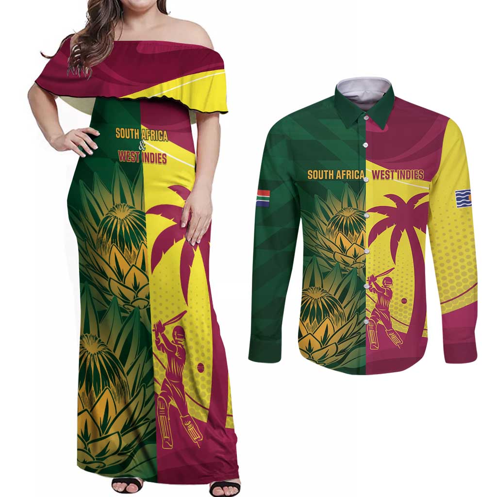 South Africa West Indies Cricket Custom Couples Matching Off Shoulder Maxi Dress and Long Sleeve Button Shirt Proteas Windies Together - Wonder Print Shop