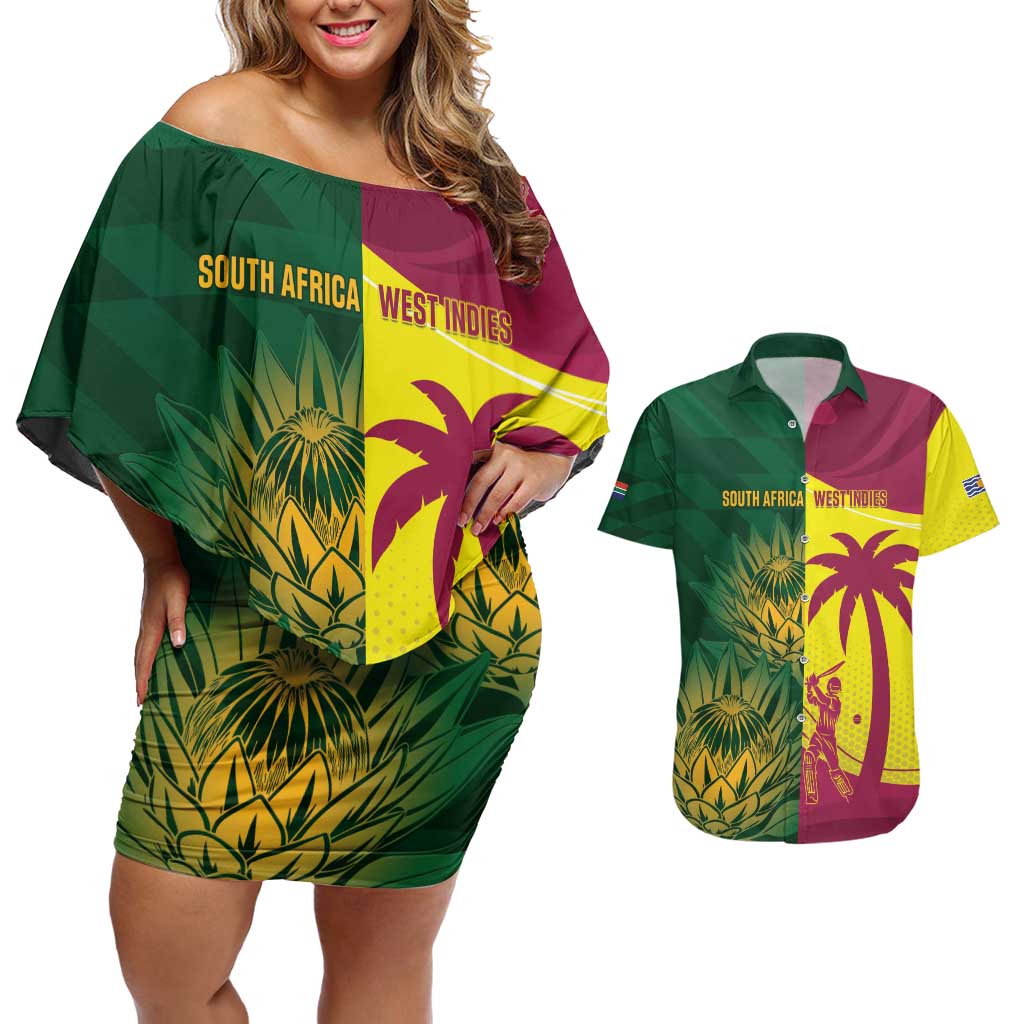 South Africa West Indies Cricket Custom Couples Matching Off Shoulder Short Dress and Hawaiian Shirt Proteas Windies Together - Wonder Print Shop