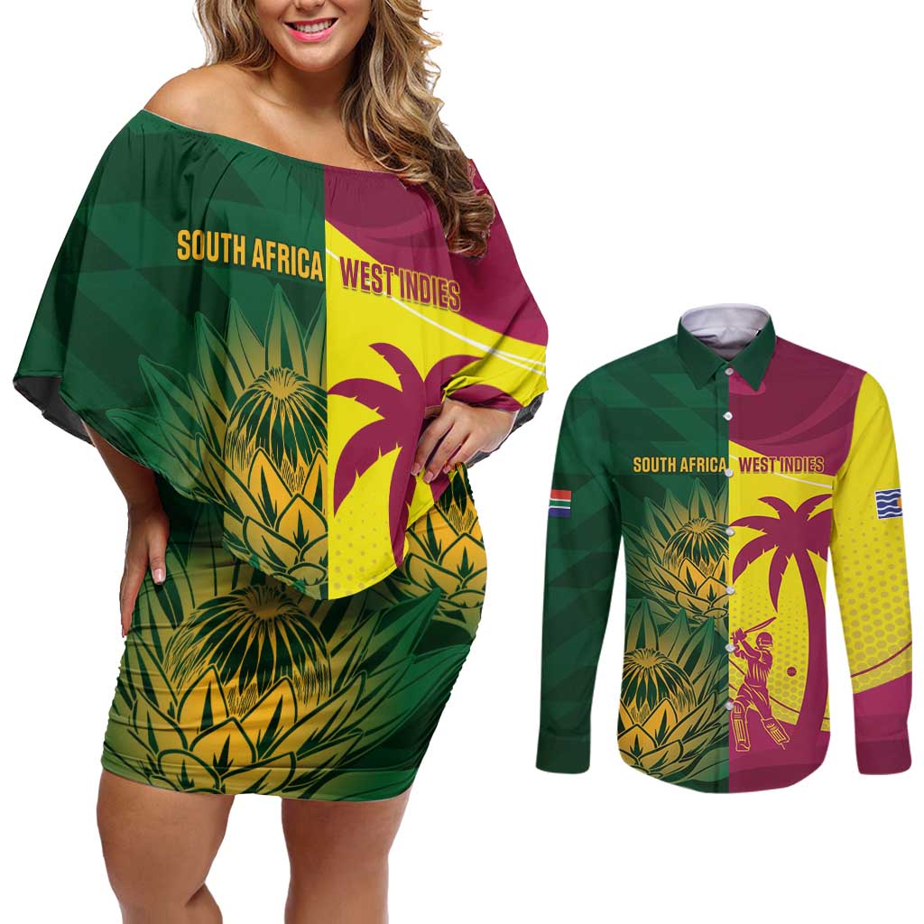 South Africa West Indies Cricket Custom Couples Matching Off Shoulder Short Dress and Long Sleeve Button Shirt Proteas Windies Together - Wonder Print Shop