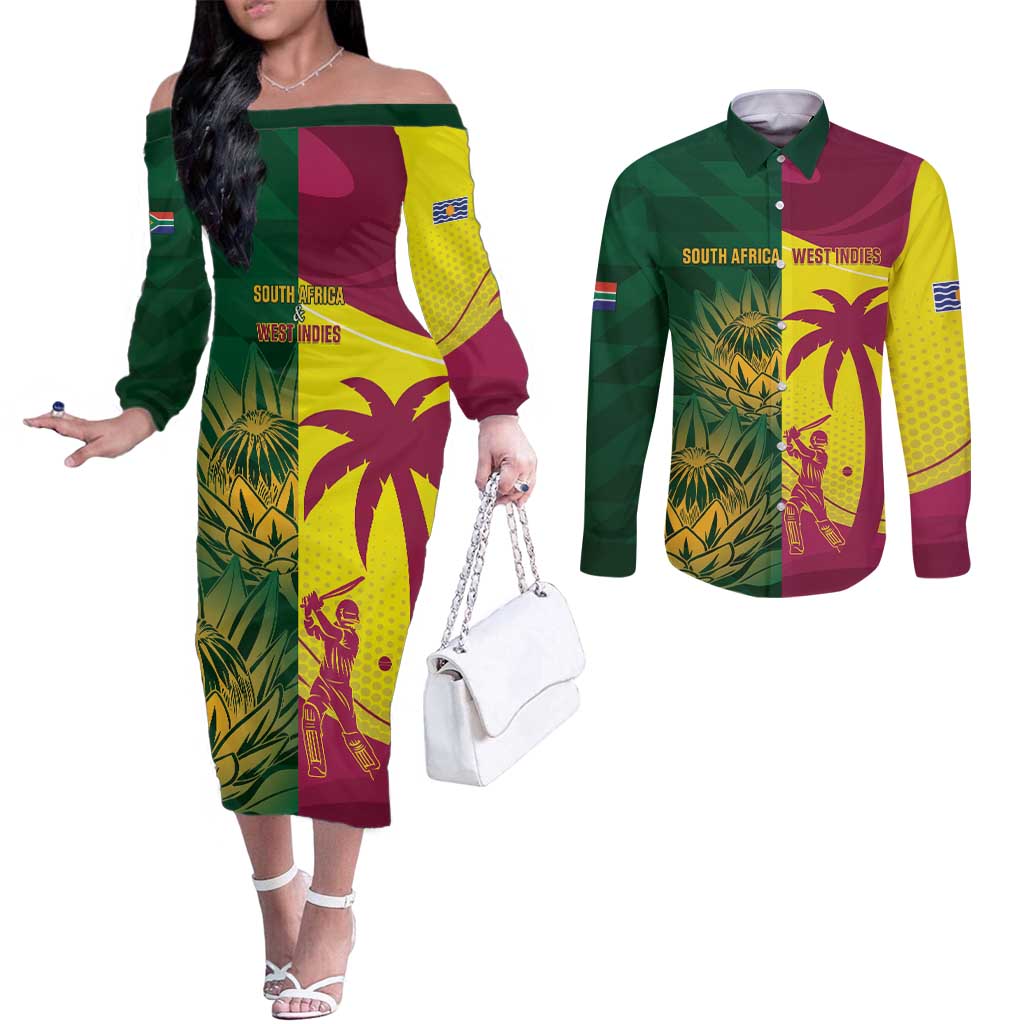 South Africa West Indies Cricket Custom Couples Matching Off The Shoulder Long Sleeve Dress and Long Sleeve Button Shirt Proteas Windies Together - Wonder Print Shop