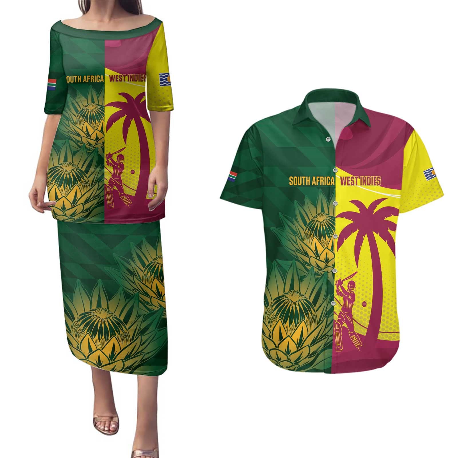 South Africa West Indies Cricket Custom Couples Matching Puletasi and Hawaiian Shirt Proteas Windies Together - Wonder Print Shop