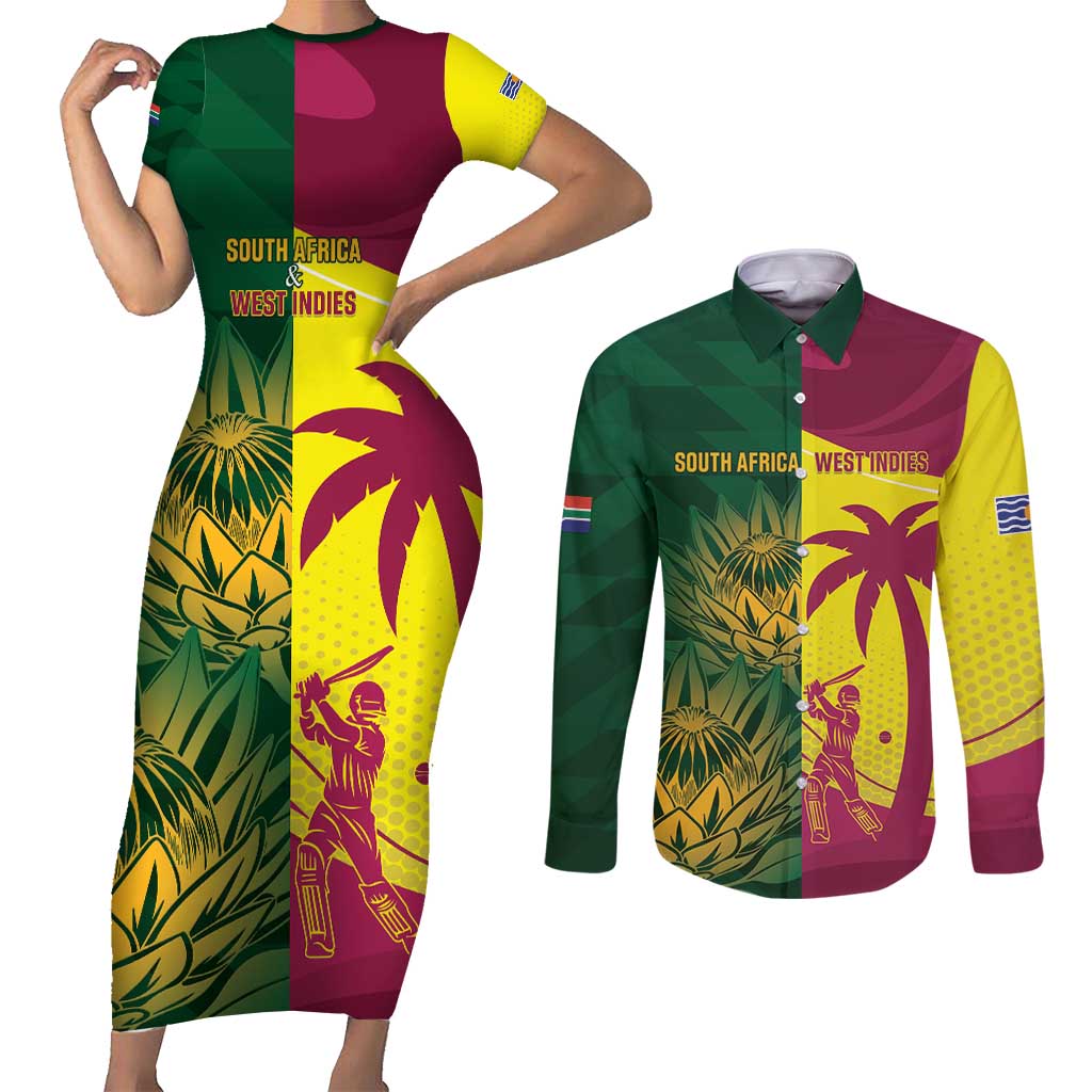 South Africa West Indies Cricket Custom Couples Matching Short Sleeve Bodycon Dress and Long Sleeve Button Shirt Proteas Windies Together - Wonder Print Shop