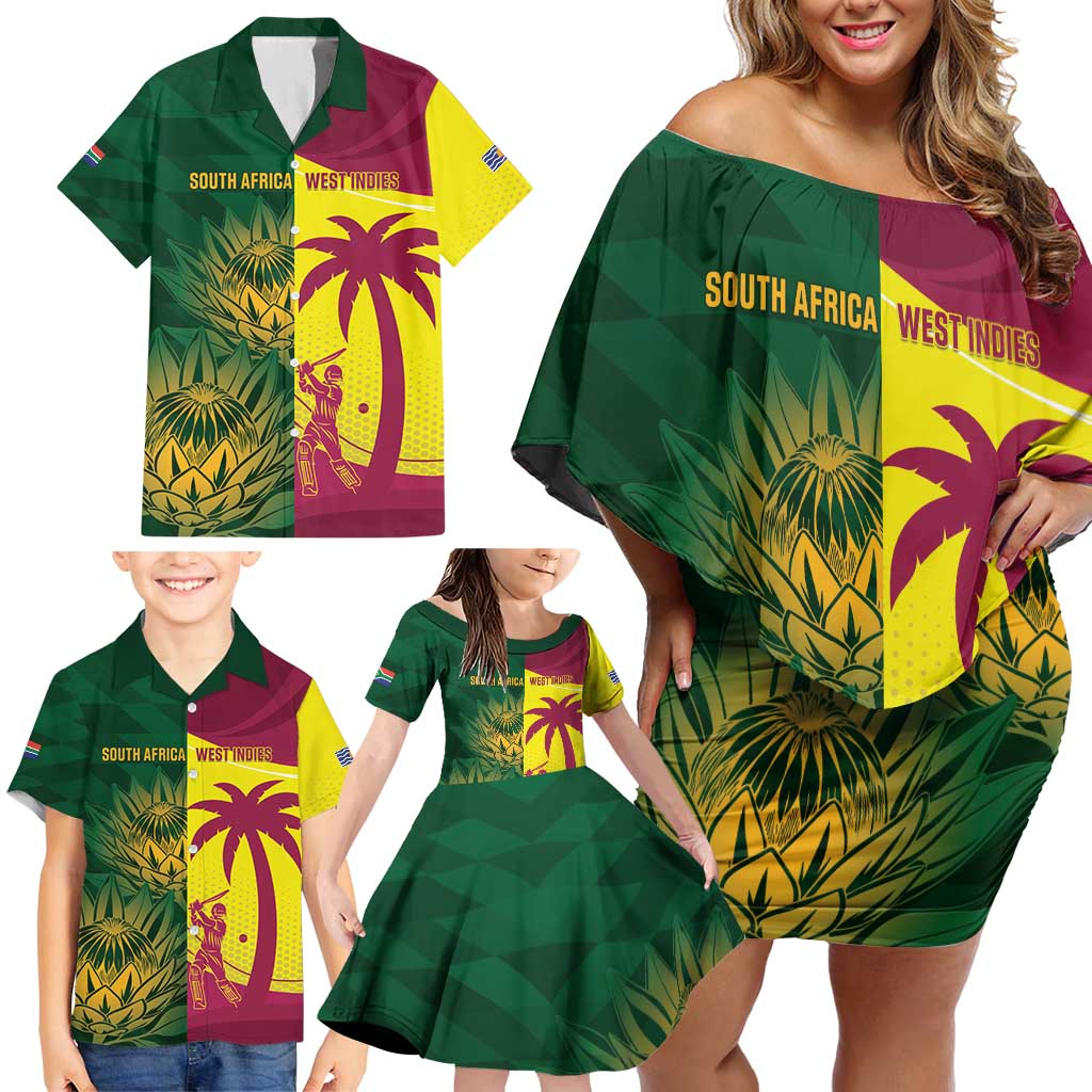 South Africa West Indies Cricket Custom Family Matching Off Shoulder Short Dress and Hawaiian Shirt Proteas Windies Together - Wonder Print Shop