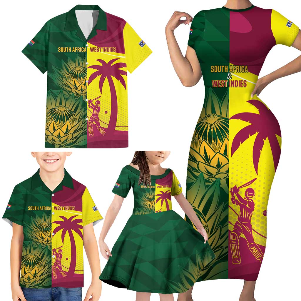 South Africa West Indies Cricket Custom Family Matching Short Sleeve Bodycon Dress and Hawaiian Shirt Proteas Windies Together - Wonder Print Shop