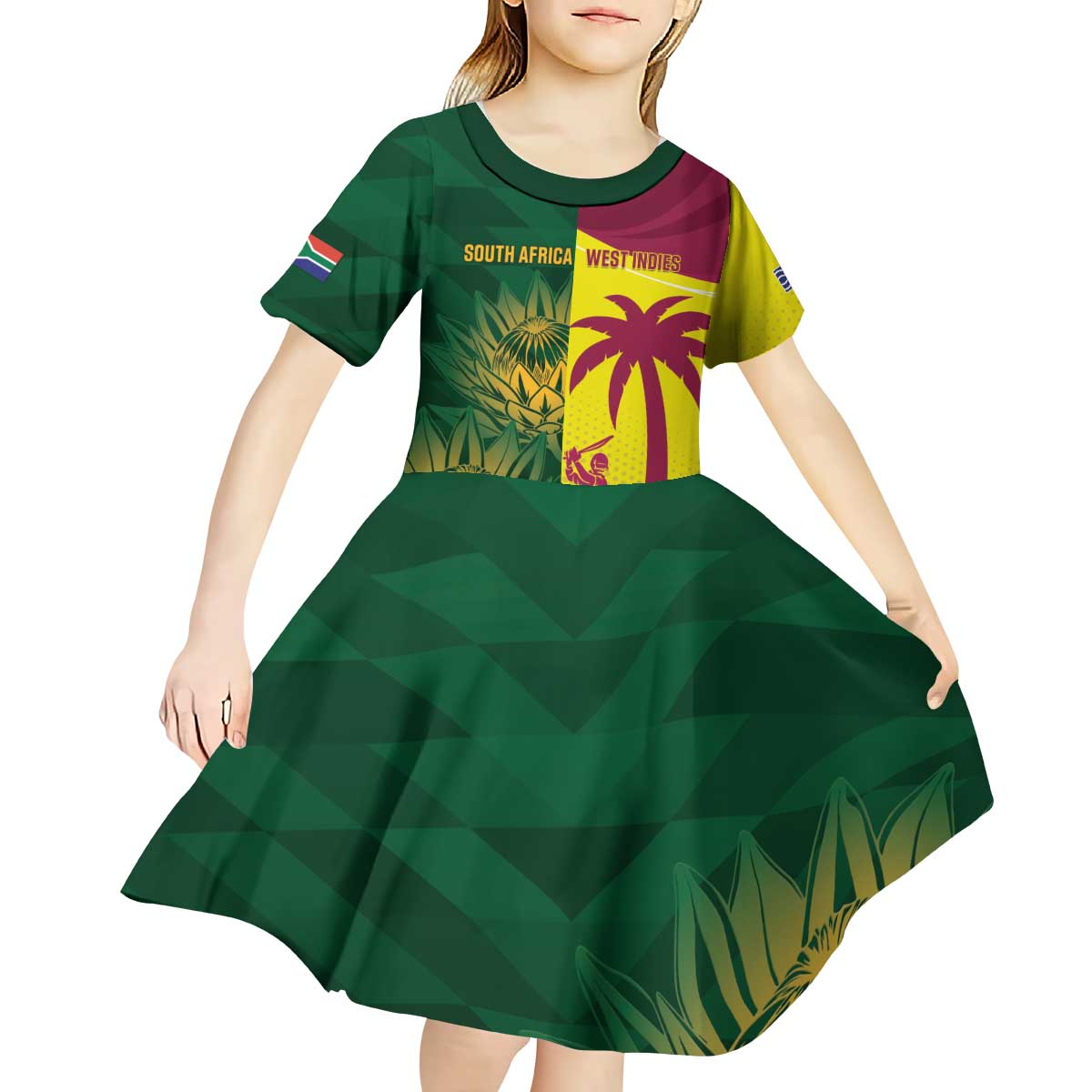 South Africa West Indies Cricket Custom Kid Short Sleeve Dress Proteas Windies Together - Wonder Print Shop