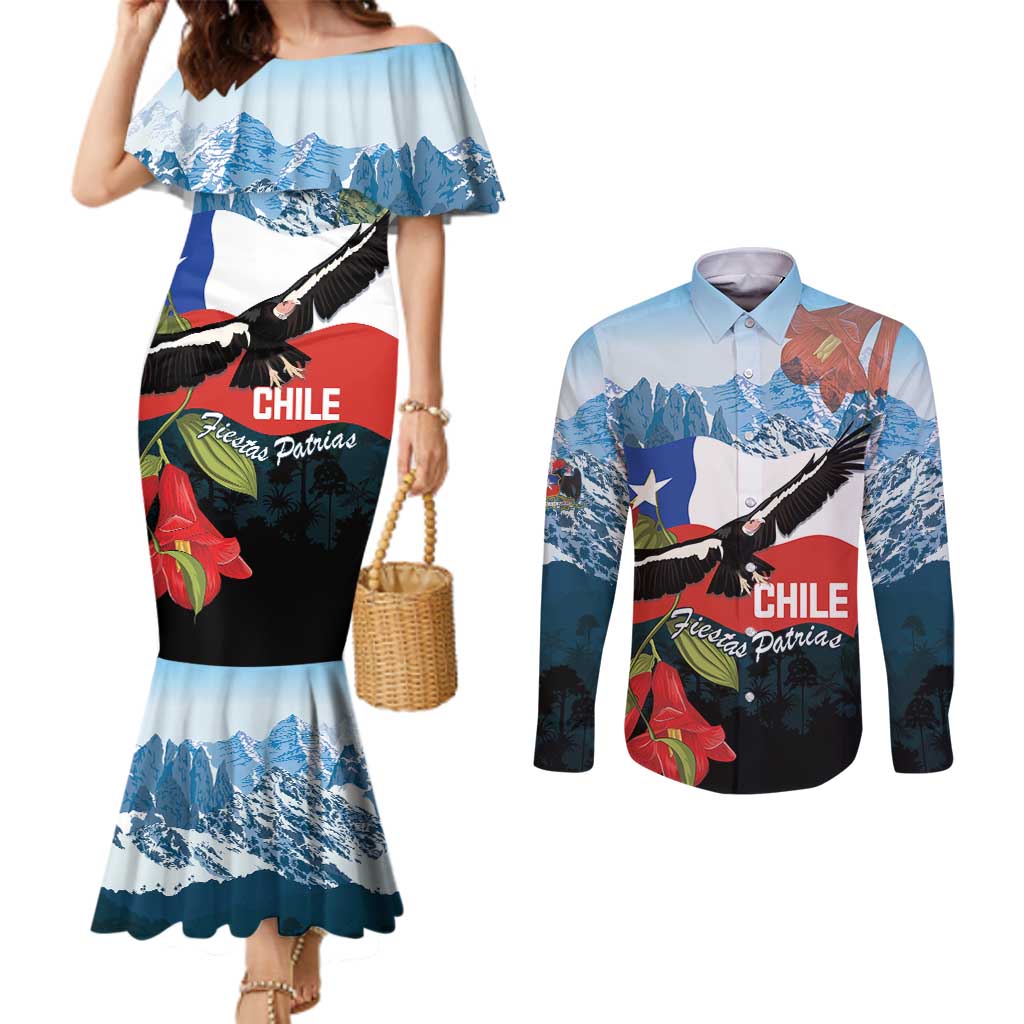 Chile Fiestas Patrias Couples Matching Mermaid Dress and Long Sleeve Button Shirt Andean Condor Andes Mountains - Wonder Print Shop