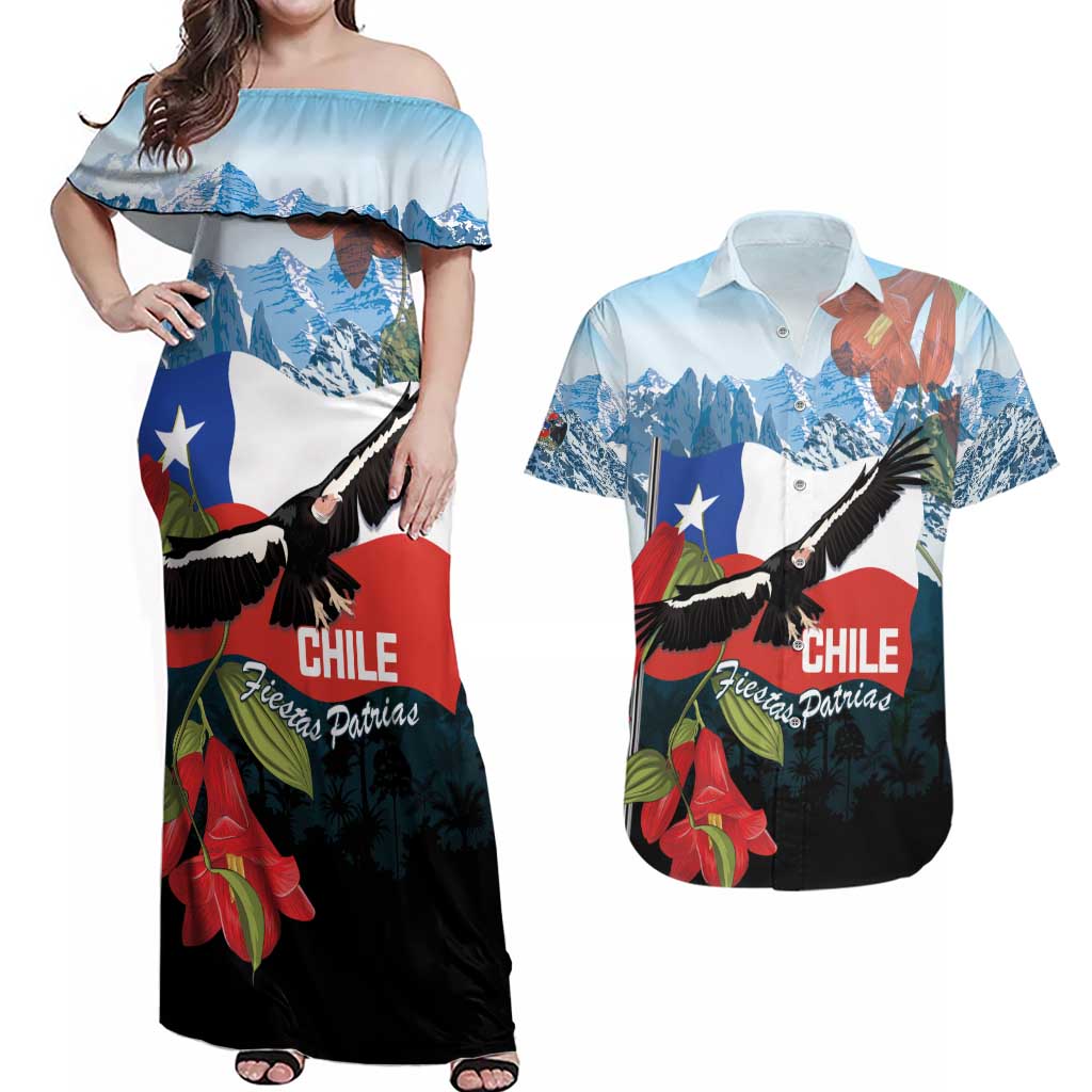 Chile Fiestas Patrias Couples Matching Off Shoulder Maxi Dress and Hawaiian Shirt Andean Condor Andes Mountains - Wonder Print Shop
