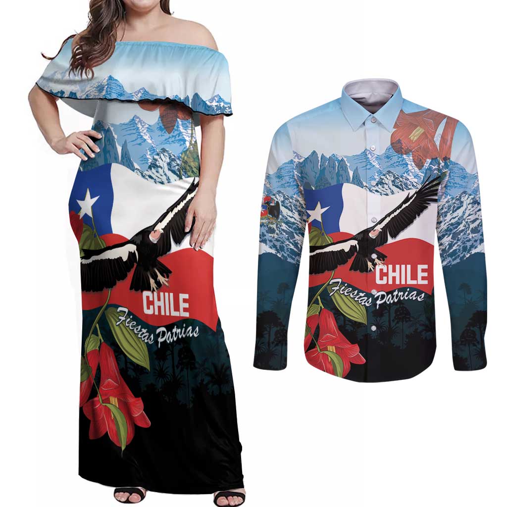 Chile Fiestas Patrias Couples Matching Off Shoulder Maxi Dress and Long Sleeve Button Shirt Andean Condor Andes Mountains - Wonder Print Shop