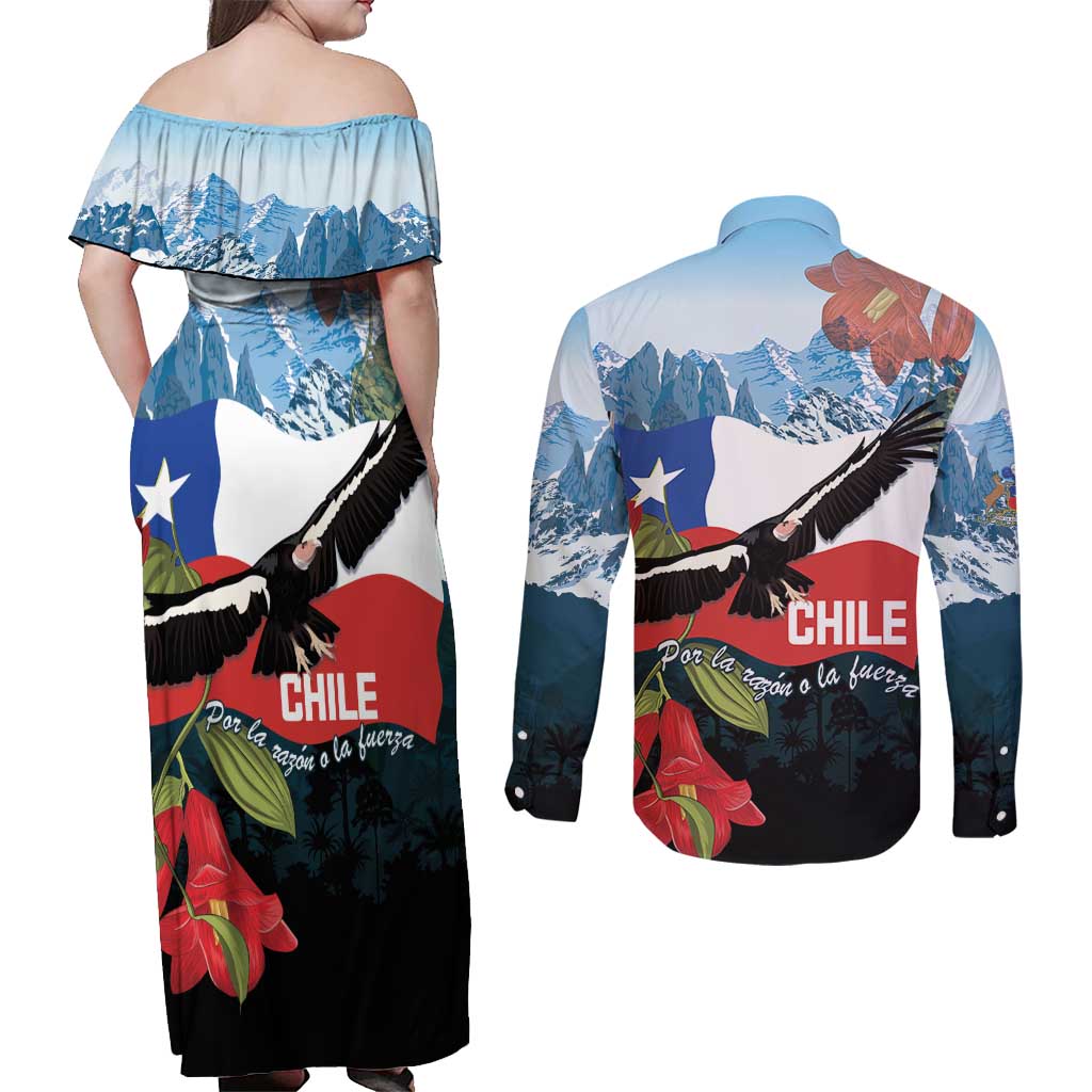 Chile Fiestas Patrias Couples Matching Off Shoulder Maxi Dress and Long Sleeve Button Shirt Andean Condor Andes Mountains - Wonder Print Shop