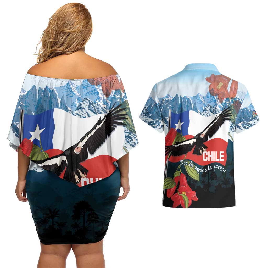 Chile Fiestas Patrias Couples Matching Off Shoulder Short Dress and Hawaiian Shirt Andean Condor Andes Mountains - Wonder Print Shop