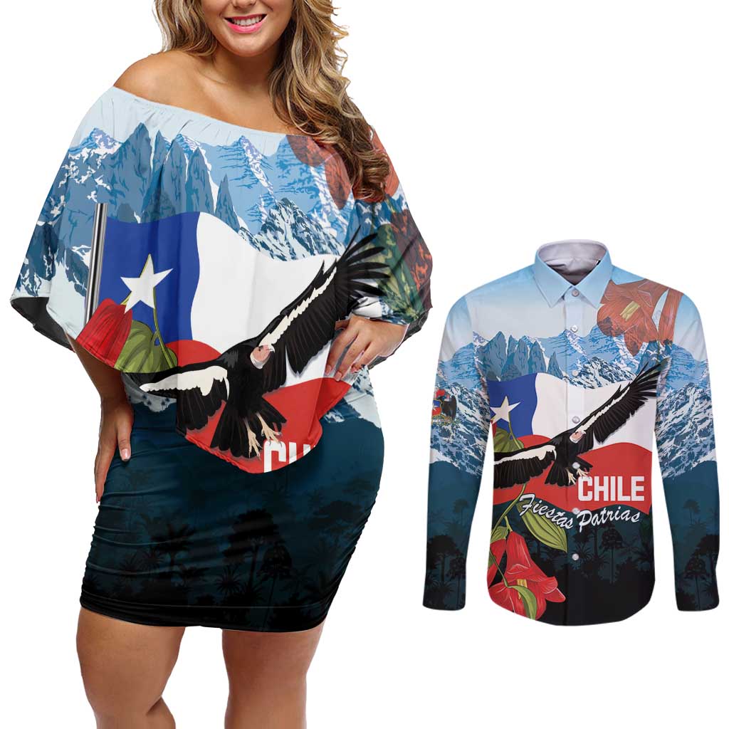Chile Fiestas Patrias Couples Matching Off Shoulder Short Dress and Long Sleeve Button Shirt Andean Condor Andes Mountains - Wonder Print Shop