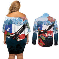 Chile Fiestas Patrias Couples Matching Off Shoulder Short Dress and Long Sleeve Button Shirt Andean Condor Andes Mountains - Wonder Print Shop
