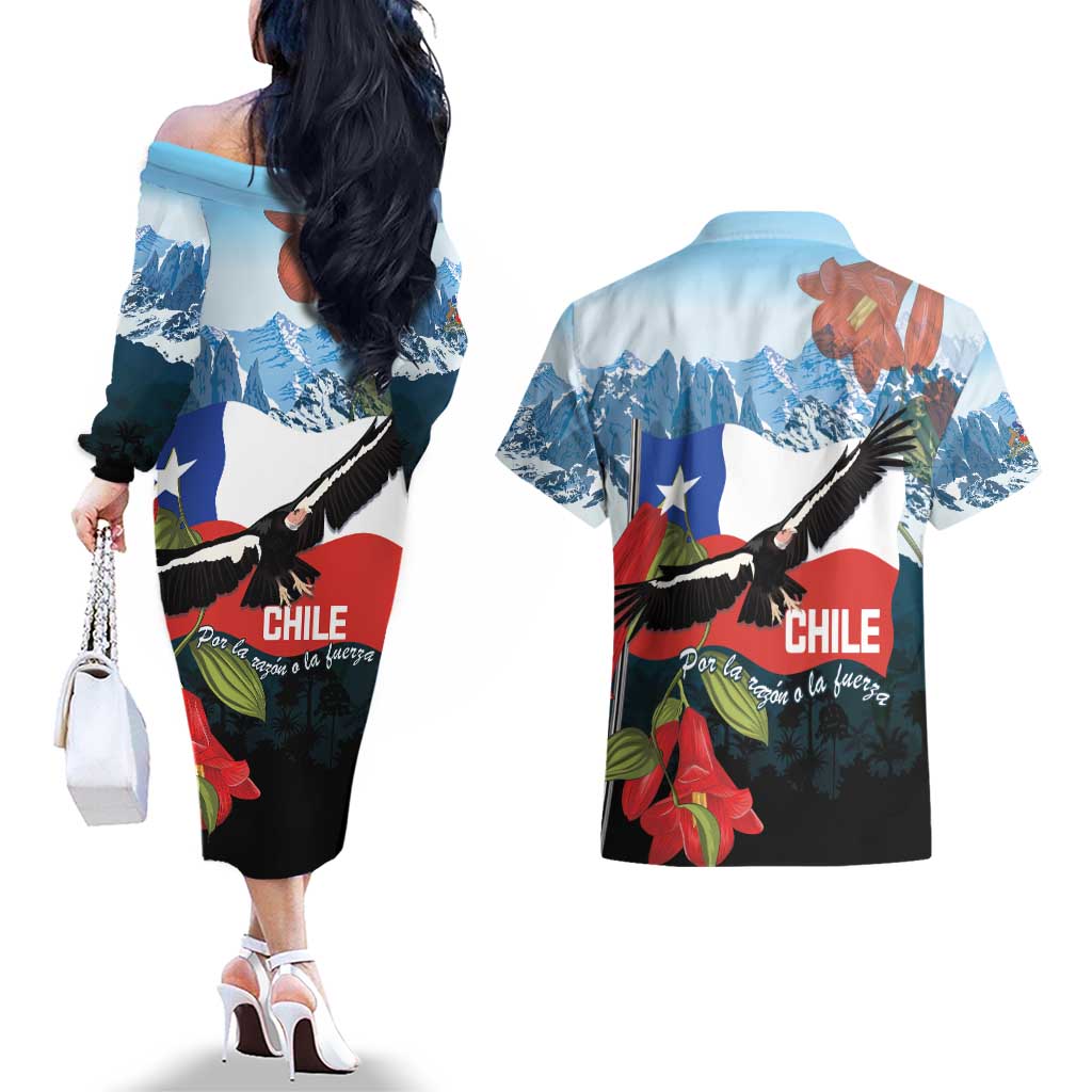 Chile Fiestas Patrias Couples Matching Off The Shoulder Long Sleeve Dress and Hawaiian Shirt Andean Condor Andes Mountains - Wonder Print Shop