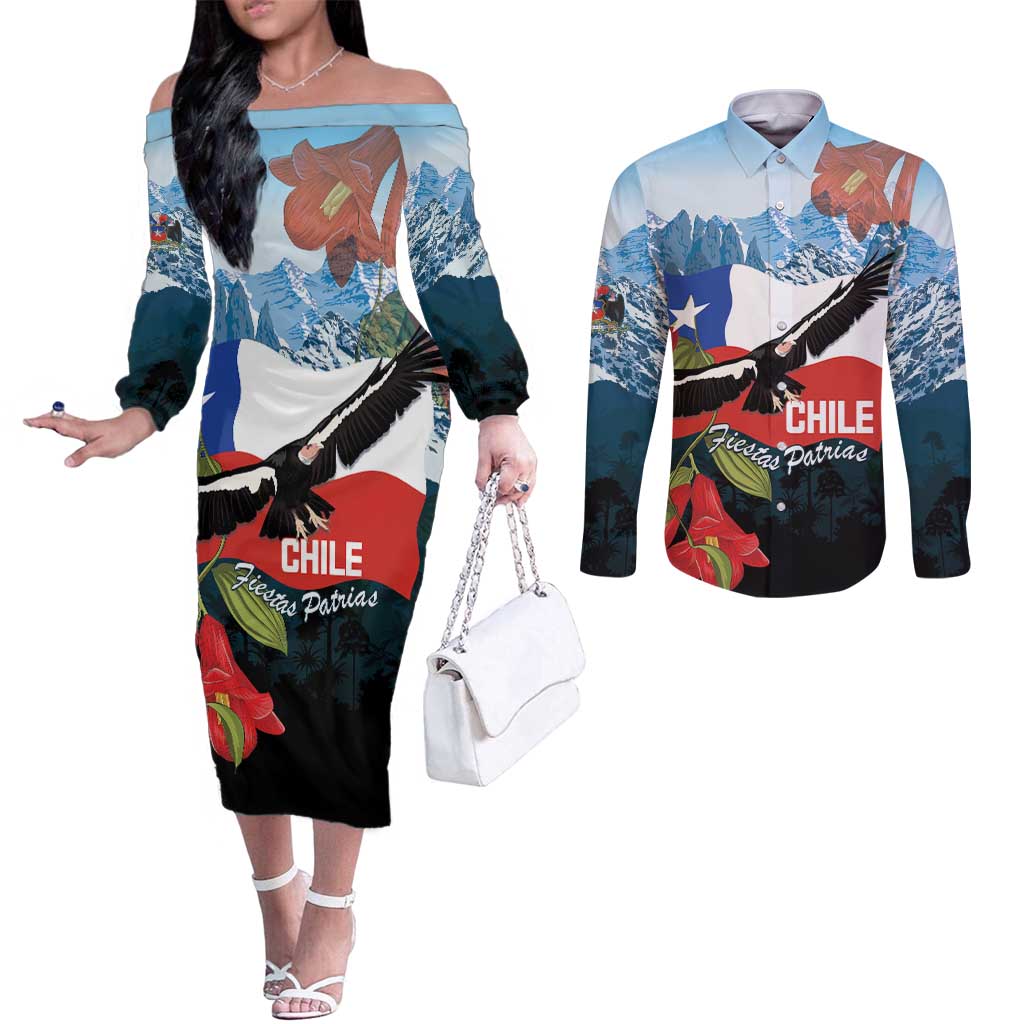 Chile Fiestas Patrias Couples Matching Off The Shoulder Long Sleeve Dress and Long Sleeve Button Shirt Andean Condor Andes Mountains - Wonder Print Shop