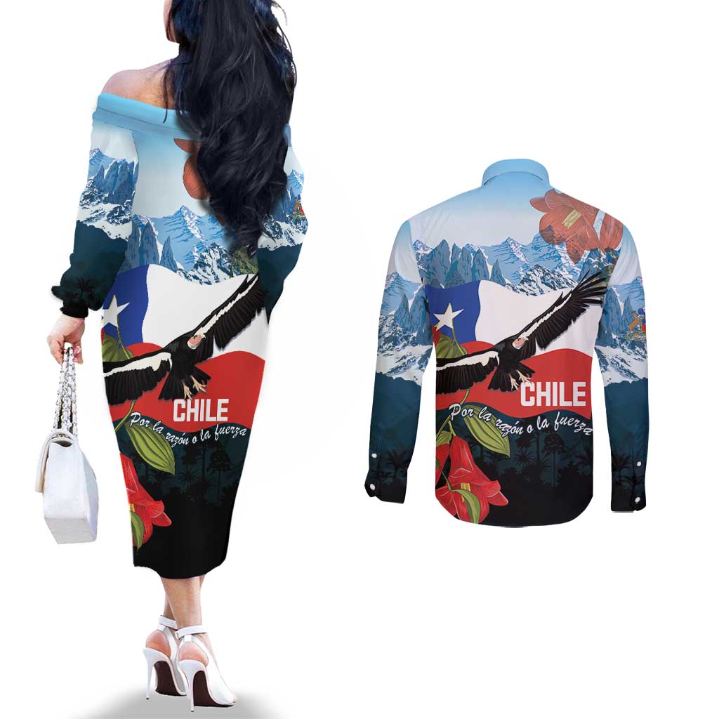 Chile Fiestas Patrias Couples Matching Off The Shoulder Long Sleeve Dress and Long Sleeve Button Shirt Andean Condor Andes Mountains - Wonder Print Shop