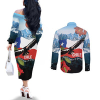 Chile Fiestas Patrias Couples Matching Off The Shoulder Long Sleeve Dress and Long Sleeve Button Shirt Andean Condor Andes Mountains - Wonder Print Shop