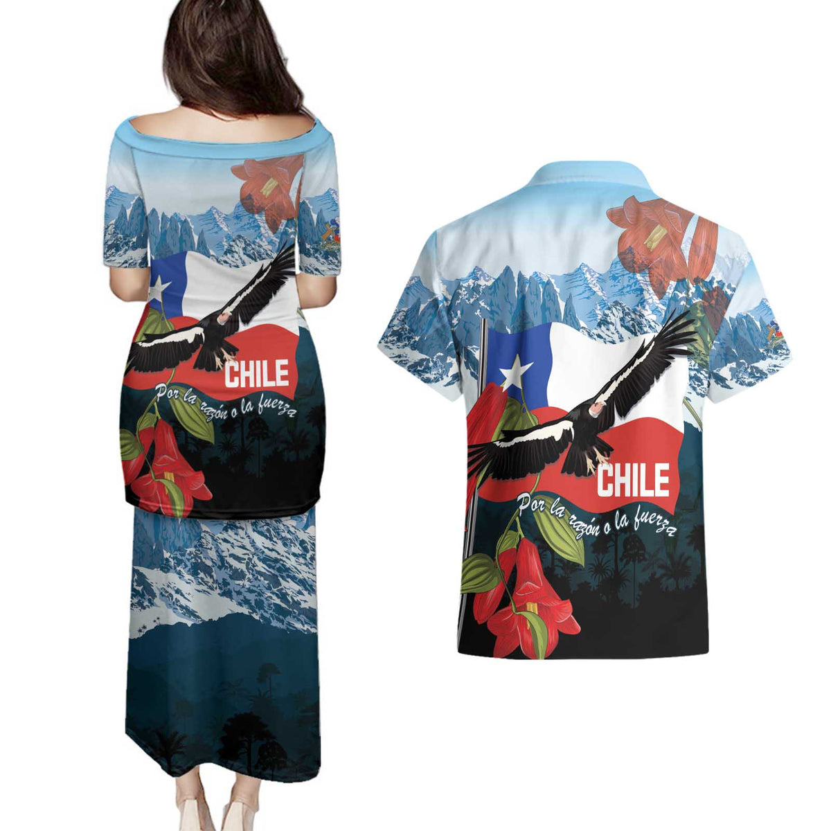 Chile Fiestas Patrias Couples Matching Puletasi and Hawaiian Shirt Andean Condor Andes Mountains - Wonder Print Shop