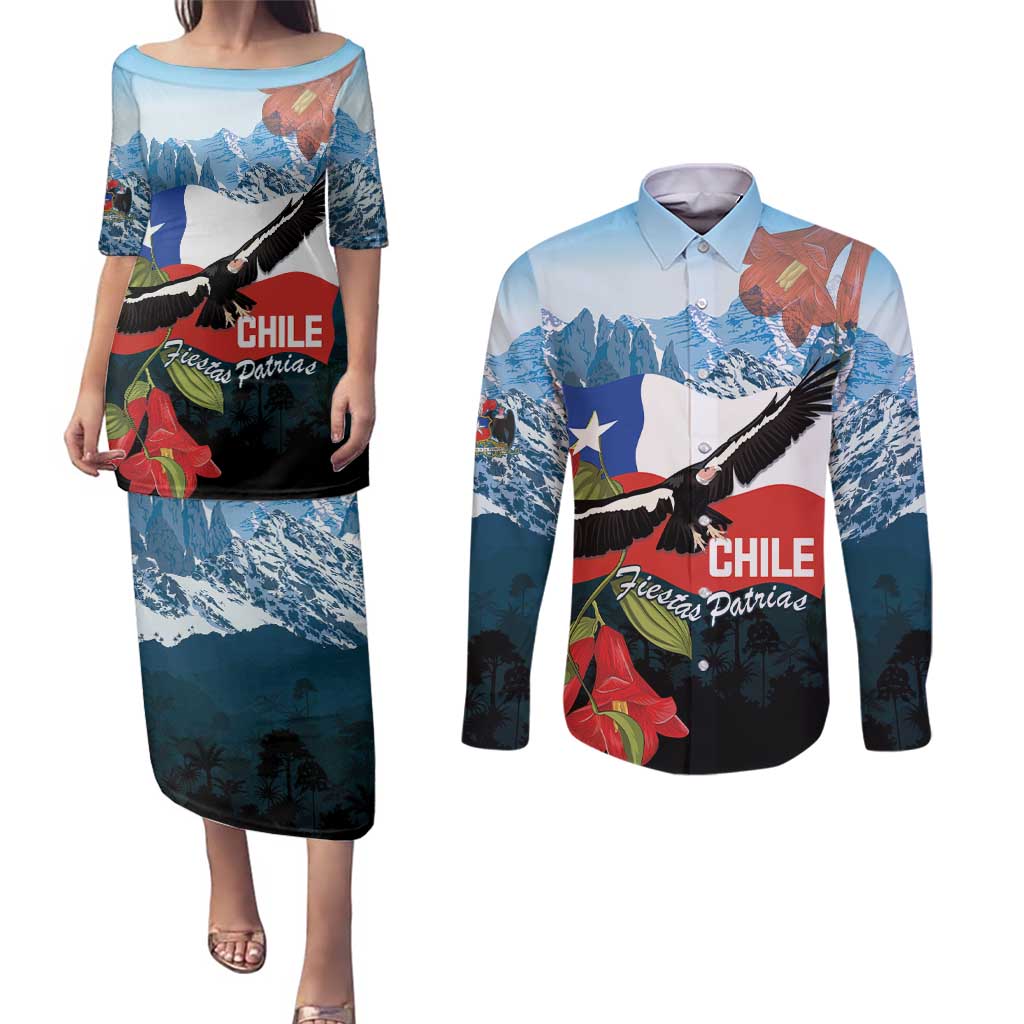 Chile Fiestas Patrias Couples Matching Puletasi and Long Sleeve Button Shirt Andean Condor Andes Mountains - Wonder Print Shop