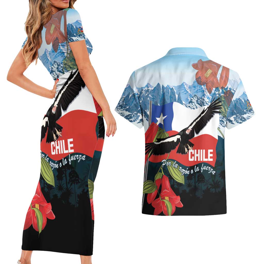 Chile Fiestas Patrias Couples Matching Short Sleeve Bodycon Dress and Hawaiian Shirt Andean Condor Andes Mountains - Wonder Print Shop