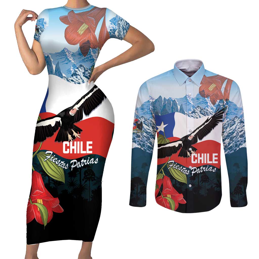Chile Fiestas Patrias Couples Matching Short Sleeve Bodycon Dress and Long Sleeve Button Shirt Andean Condor Andes Mountains - Wonder Print Shop