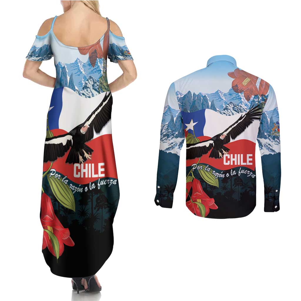 Chile Fiestas Patrias Couples Matching Summer Maxi Dress and Long Sleeve Button Shirt Andean Condor Andes Mountains - Wonder Print Shop