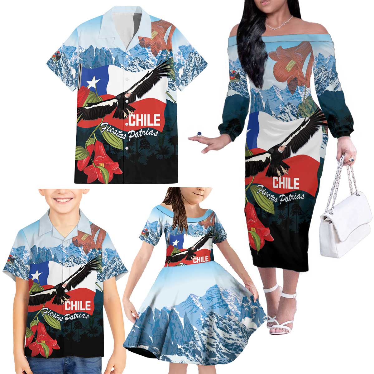 Chile Fiestas Patrias Family Matching Off The Shoulder Long Sleeve Dress and Hawaiian Shirt Andean Condor Andes Mountains - Wonder Print Shop