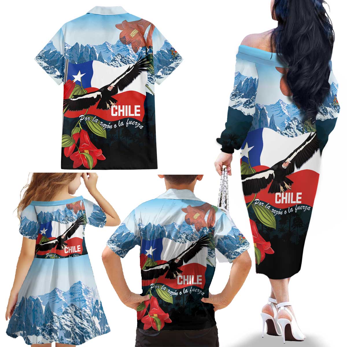 Chile Fiestas Patrias Family Matching Off The Shoulder Long Sleeve Dress and Hawaiian Shirt Andean Condor Andes Mountains - Wonder Print Shop