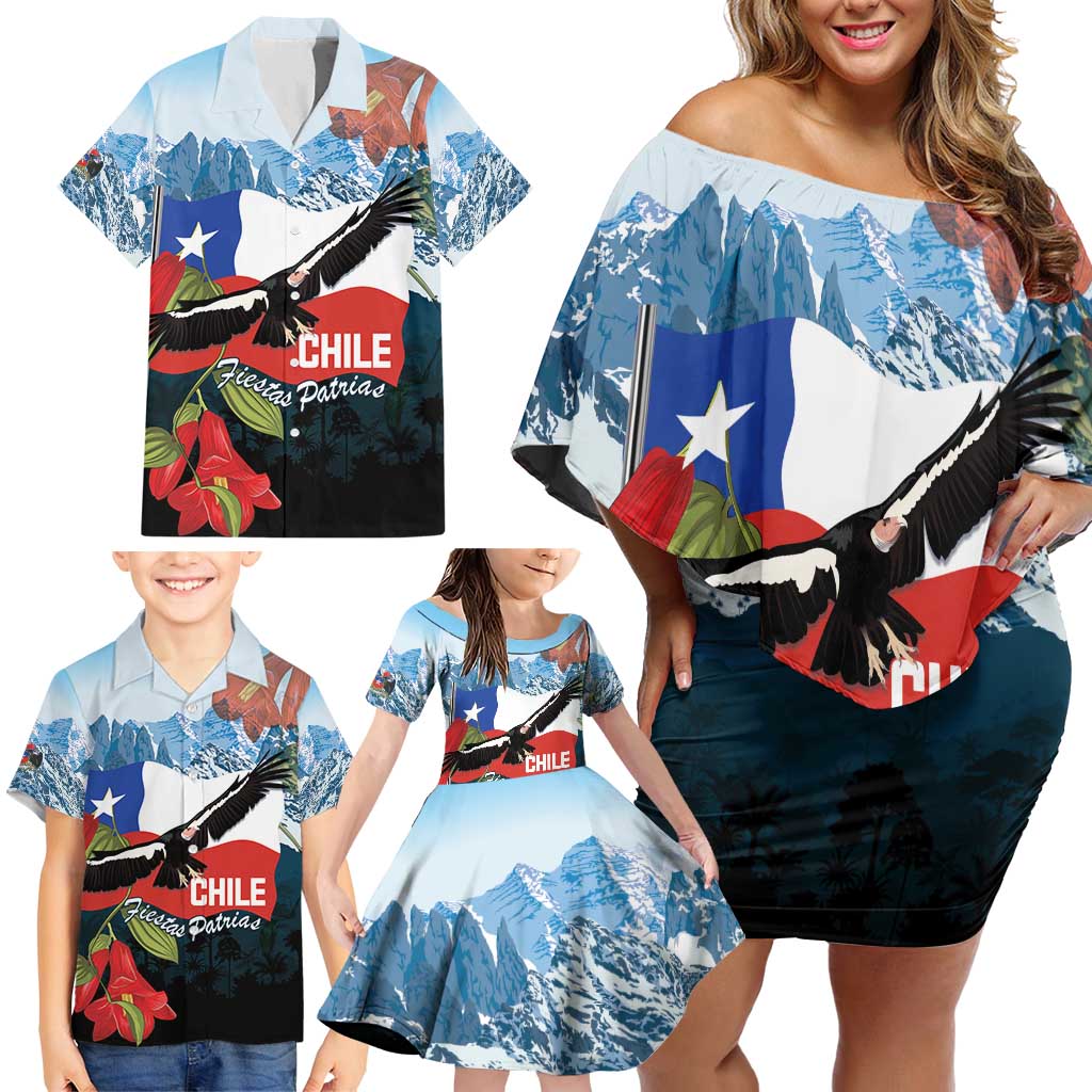 Chile Fiestas Patrias Family Matching Off Shoulder Short Dress and Hawaiian Shirt Andean Condor Andes Mountains - Wonder Print Shop