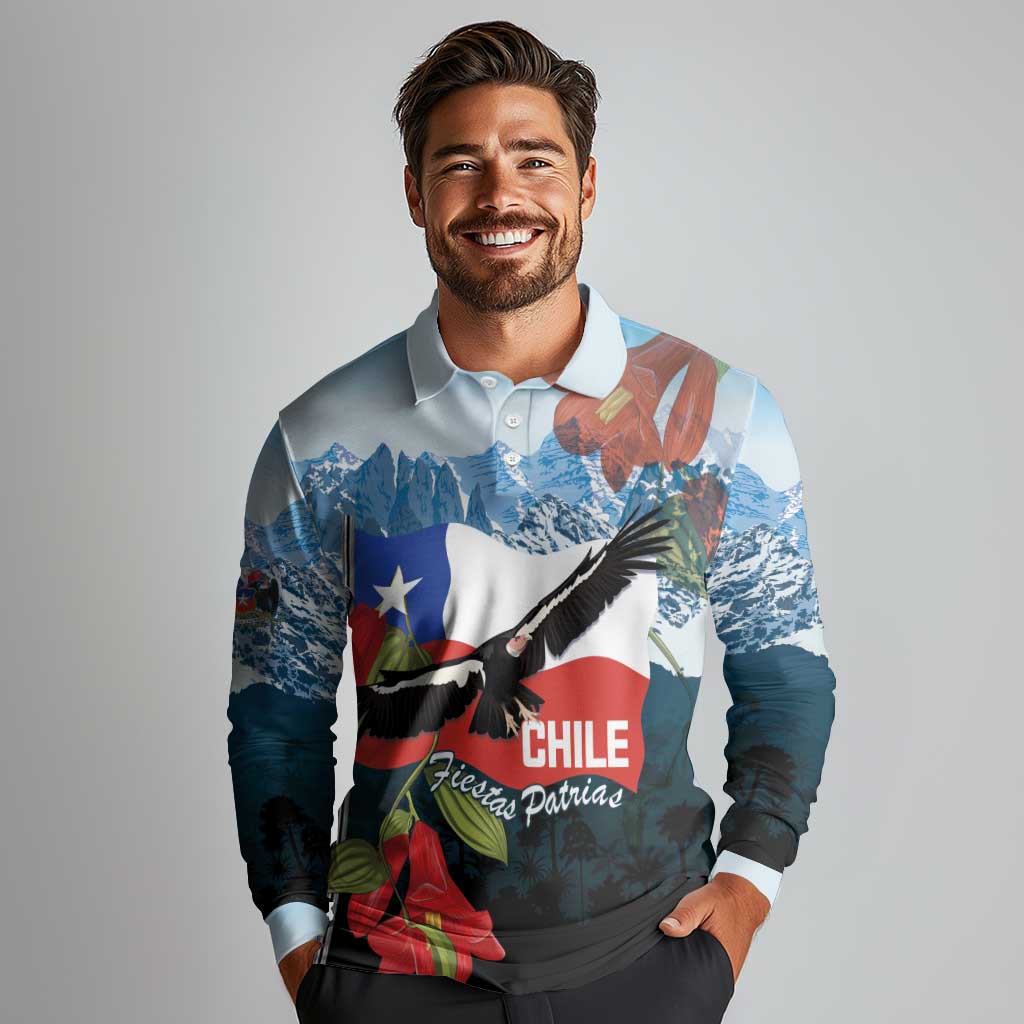 Chile Fiestas Patrias Long Sleeve Polo Shirt Andean Condor Andes Mountains - Wonder Print Shop